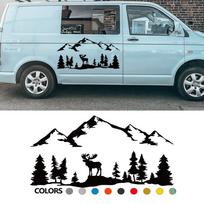 Automobilio lipdukai Kemperiui Arklių transportavimo priekabai Karavanui RV Kemperio furgonui Lauko grafika Briedis Medžiai Miškas Kalno siluetas Dekoracija Lipdukas 60x30cm gray