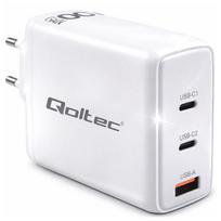 Qoltec GaN 100W charger| 5-20V | 1.5-5A | 2 x USB-C PD | 1x USB QC 3.0 | White