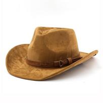 Ethnic Style Western Cowboy Hat Imitation Leather Velvet Jazz Hat Autumn and Winter Roll Up Edge Fedora Hat One Size chaki