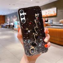 A 15 25 35 55 Love Heart Wrist Chain Glitter Case For Samsung Galaxy A15 A25 A35 A55 A14 M14 M54 M15 Bracelet Silicone Cover S24 A15 5G