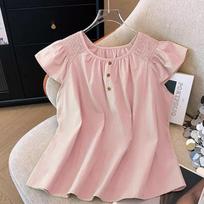 Women's short-sleeved shirt summer dopamine new French flutter sleeve elegant round-neck slim-fit blouse trendy top S rožinė