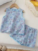 Summer Girls' Suits fashion Floral And Polka Dot Print Vest With Pocket+Shorts 2 Piece Set Cute Kids' Clothing Sets 3T