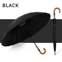 Ilga rankena skėtis Dideli automatiniai skėčiai 24-ų stipinų tvirta medžio rankena Tvirtas atsparus vėjui sustiprintas lietaus skėtis (Black,full-fiber&24K) juoda