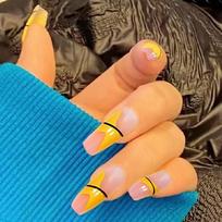 Press-On Nails French Tip Yellow Line Design Medium Length Ballet Shape Acrylic Nail Tips Adhesive Type