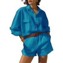 Women Summer 2 Piece Outfits Long Sleeve Button Down Shirts And Shorts Set Casual Vacation Lounge Sets M ežero mėlyna spalva