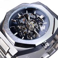 Fashion Steampunk Men's Automatic Mechanical Watch Hollow Skeleton Design Black Dial Waterproof Business Wristwatches