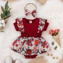 Vasarinė mergaitės suknelė su Bowknot dryžuotu kombinezonu, medvilninė suknelė naujagimiui Gėlėti drabužėliai Kūdikių ropojantys drabužėliai 0-3M raudona