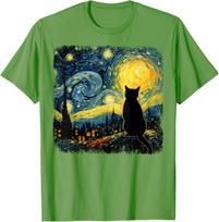 Black Cat Starry Night Van Gogh Style Graphic TShirt Breathable Cotton Top for Cat Lovers S