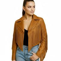 Women's Party Wear Fringe Tan Causal Genuine Leather Jacket Motorcycle Handmade S gelsvai ruda