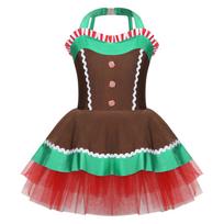 Kids Girls Christmas Gingerbread Man Bodysuit Sleeveless Open Back Tutu Dress Halloween Cosplay Party Costume 3-4 Years ruda