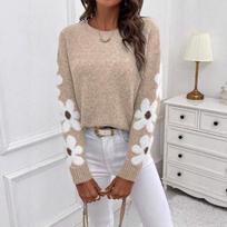 European American Fashion Trend Crew Neck Long Sleeve Sweater Floral Jacquard Casual Elegant Versatile Knitted Top Women S abrikosas