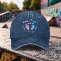 Gender Reveal Pink or Blue Footprint Washed Baseball Cap Unisex Casual Cotton Outdoor Accessory One Size