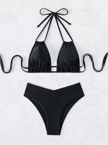 Moteriškas maudymosi kostiumėlis, juodas su apynasriu kaklaraištis be nugaros, seksualus bikinis, dviejų dalių maudymosi kostiumėlis, paplūdimio apranga, maudymosi kostiumėliai S juoda