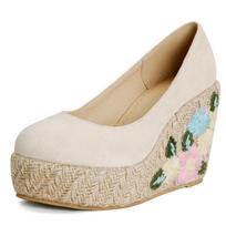 Fashion Wedges High Heels Shoes For Women Pumps Platform Embroidery  Round Toe Women's Heels Knitted Party Wedding Shoes Large Size 45 35 smėlis