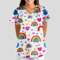 Women's Floral Print Loose V-neck Short-sleeved Uniform/ Uniform L smėlis