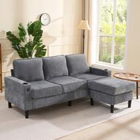 Polsteriuota sofa 3 vietų su USB/Type-C, 2 gėrimų laikikliai, L formos, pilka, linų