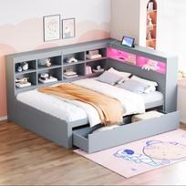 Massiv medžio sofa 140x200cm su stalčiais, USB ir LED, papildomos lentynos, pilka
