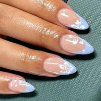Reusable Press-On Nails With White Floral Design Almond Shape Blue Base Sweet Style Women Gel Adhesive Type