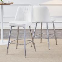 Baro kėdės, 100 cm, balta PU oda, sidabro metalas, 2 vnt