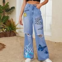 Butterfly Monster Blue Flash Print Vintage High-waisted Baggy Fashion Ripped Jeans XS šviesiai mėlyna spalva