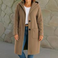 2025 New Women's Woolen Jacket Autumn Winter Windbreaker Long Sleeve Button Hooded Simple Style S kupranugaris