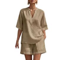 Women 2 Piece Outfit Summer Short Sleeve V Neck Pullover Top And Shorts Matching Sets Casual Vacation Travel Lounge Set M chaki
