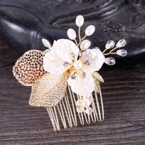 Gold Color Flower Hair Comb Clip Girls Handmade Alloy Pearl Hairpin Bridal Tiaras Wedding Hair Accessory Crystal Hair Jewelry