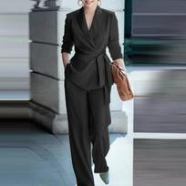 Women Wrap Blazer With Belt 2 Piece Suit Solid Color Long Sleeve Wide Leg Pants Office Outfit 4XL juoda