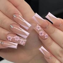 Long Coffin Shape Press-On Nails With Floral French Tip Design Water Rhinestones Sweet Style Artificial Nail Tips Gel Nail Tips