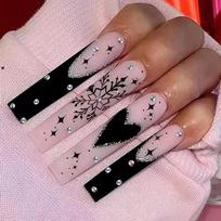 Matte Black French Christmas Press-On Nails With Heart Snowflake Glitter Design Sweet Style Wearable Nail Tips Adhesive Type
