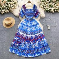 Vocation Dress for Women Square Collar Puff Sleeve Printing Chiffon Dresses A-line Folds Stretch Vestidos Mujer Summer Dropship One Size
