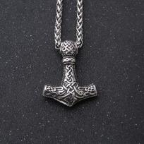 Viking Necklace Norse Amulet Mjolnir Pendant Leather Chain Thor's Hammer Necklace Celtic Pagan Symbol Jewelry for Men Unisex gray