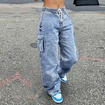 Women's Baggy Jeans Loose Cargo Pants Streetwear Hip Hop Wide-leg Jeans Casual Loose Drawstring Wide Leg Pants Fashion Trousers S dangaus mėlyna spalva