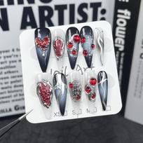 Handmade Press-On Nails Long Stiletto Gothic Sweet Punk Style False Halloween Party Wear Extra Small