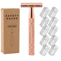Classic Manual Shaver With 10 Shaving Blades Aluminum Double Edge Safety Razor for Men's Shaving and Women's Hair Removal Tool rožinio aukso spalvos