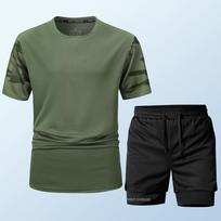 Summer Casual Sports Suit Men's Short Sleeved Lightweight Quick Drying Ice Silk Two-piece Set 2XL armijos žalia spalva