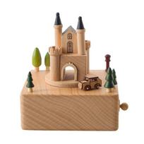 RTS Custom Logo Wooden Castle Music Boxes Tune Melody Magnetic Driven Car Rotating Feature Customizable Music Box Unique Logo (as the picture,11*11*13.5cm)