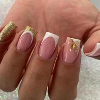 Flashy Medium-Length French Press-On Nails With Star Moon Design Ins Style Trendy False Nail Tips Gel Adhesive Type