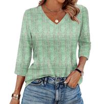 Women's V Neck 3/4 Sleeve Tops Casual T Shirts Basic Summer Tees Loose Fit Fall Pullover Tunic L žalia