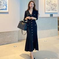 KOSY Vintage Korean Maxi Dresses for Women Party Long Sleeve V-neck Mermaid Dress Elegant Fashion Ladies Vestidos Femme Autumn 2023 One Size juoda