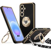 Dėklas Samsung Galaxy A57 5G, Silikoninis su Virvele ir Besisukančiu Žiedu, Blizgus Širdelės Raštas - Juodas juoda