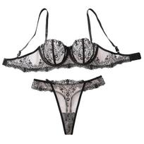 Women's Sexy Thin Bra Set Floral Embroidery Mesh Splicing Lingerie Set Push-Up & Breathable Bra Lingerie Set M gray