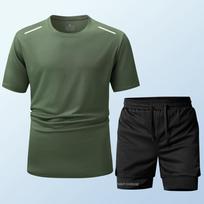 Summer Casual Sports Suit Men's Short Sleeved Lightweight Quick Drying Ice Silk Two-piece Set 2XL armijos žalia spalva