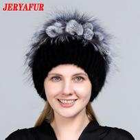 JERYAFUR Aukštos kokybės audinės kailio kepurė moterims Natūralaus audinės kailio kepurės su prabangiu Big Pompom Fox Fur Ball Beanies Žieminė moteriška kepurė LadyHat