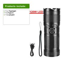 Galingas 120 W LED žibintuvėlis, priartinamas prožektorius, įkraunamas dvigubas žibintas, savisaugos žibinto ilgo nuotolio žibintuvėlis A-Type-C