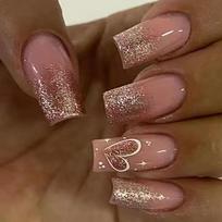 Medium-Length Square Press-On Nails With Glitter Gradient French Tip Sweet Heart Design Gel Adhesive Type