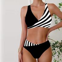 Moteriški maudymosi kostiumėliai Tankini 2 dalių maudymosi kostiumėlis, juodos ir baltos juostelės, atostogų maudymosi kostiumėliai, pakabinamas kaklo maudymosi kostiumėlis S juoda
