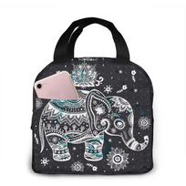 Indian African Lotus Ethnic Elephant Lunch Bag Insulated Lunch Box Cooler Tote for Picnic Camping Work Travel 22x20x13CM smėlis