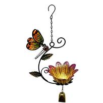 Outdoor Garden Bird Feeder Dragonfly Wind Chime Hanging Metal Feeder with Flower Design and Bell for Patio Yard Decoration One Size