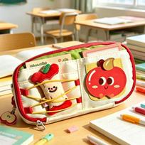 Cute Apple Print Pencil Case, Plush Decor  Stationery Organizer raudona